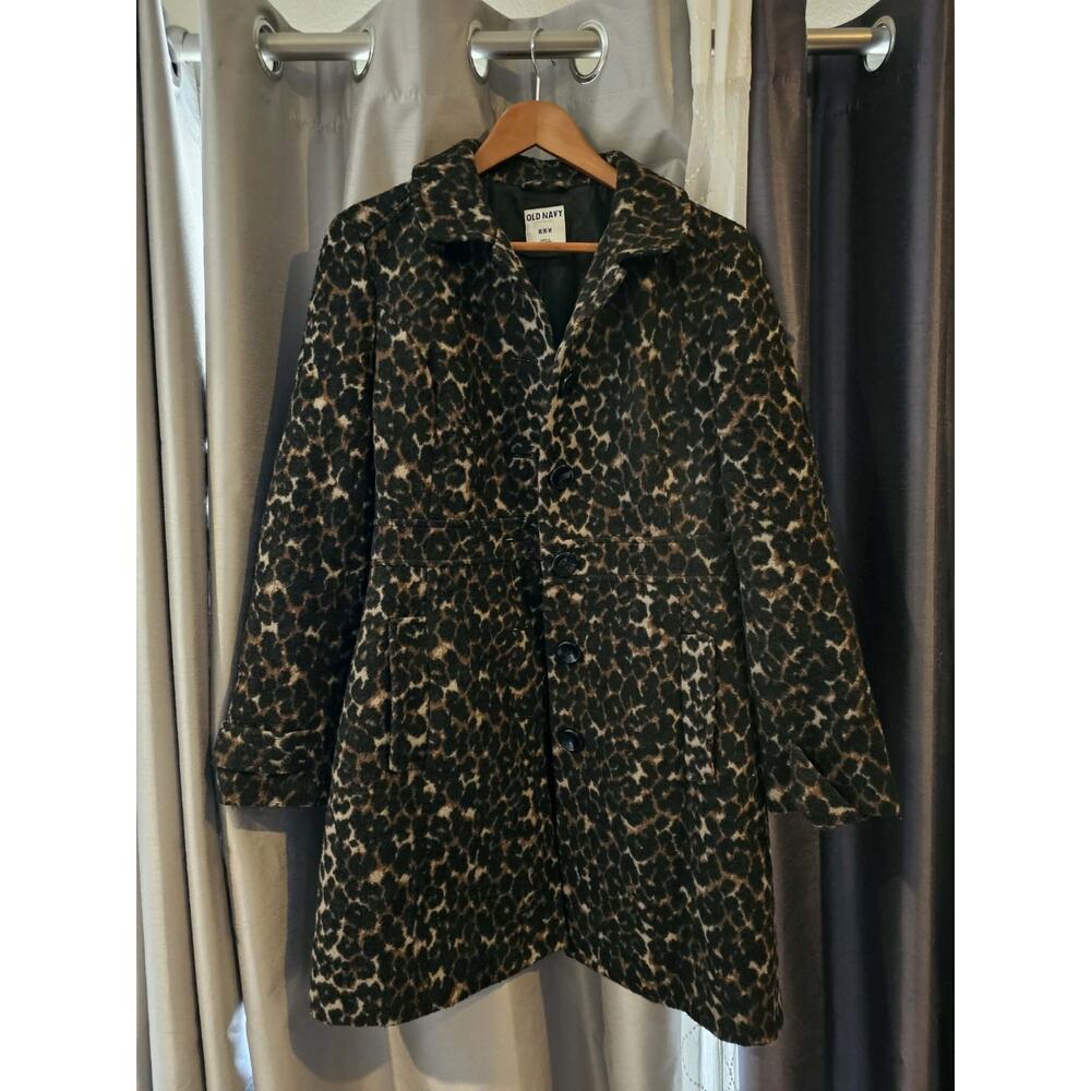 Faux Leopard Cheetah Print Coat Soft Womens Size Medium Old Navy Midi Length